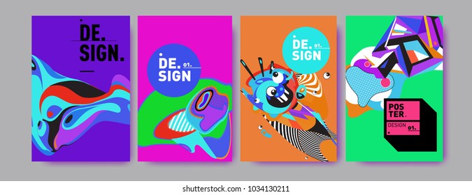 Abstract colorful collage poster design template. Cool geometric and fluid cover design. Blue, yellow, red, orange, pink and green. Vector banner poster template in Eps10.