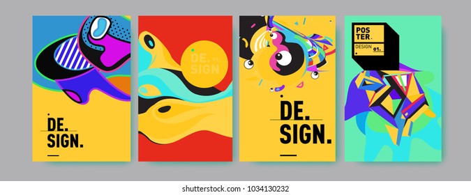 Abstract colorful collage poster design template. Cool geometric and fluid cover design. Blue, yellow, red, orange, pink and green. Vector banner poster template in Eps10.