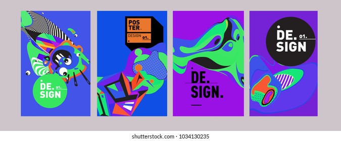 Abstract colorful collage poster design template. Cool geometric and fluid cover design. Blue, yellow, red, orange, pink and green. Vector banner poster template in Eps10.