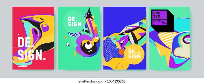 Abstract colorful collage poster design template. Cool geometric and fluid cover design. Blue, yellow, red, orange, pink and green. Vector banner poster template in Eps10.