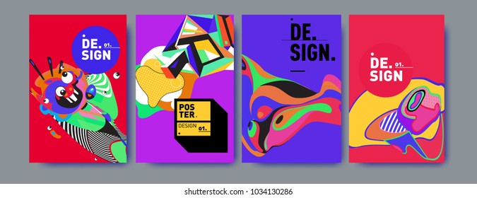 Abstract colorful collage poster design template. Cool geometric and fluid cover design. Blue, yellow, red, orange, pink and green. Vector banner poster template in Eps10.