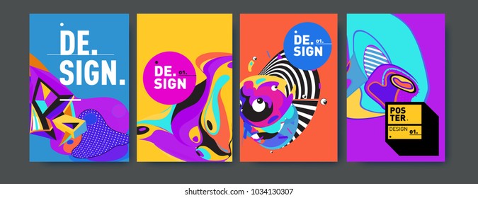 Abstract colorful collage poster design template. Cool geometric and fluid cover design. Blue, yellow, red, orange, pink and green. Vector banner poster template in Eps10.