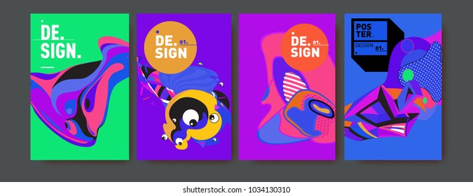 Abstract colorful collage poster design template. Cool geometric and fluid cover design. Blue, yellow, red, orange, pink and green. Vector banner poster template in Eps10.