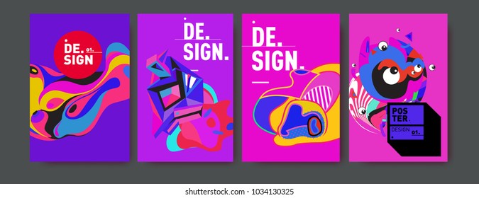 Abstract colorful collage poster design template. Cool geometric and fluid cover design. Blue, yellow, red, orange, pink and green. Vector banner poster template in Eps10.