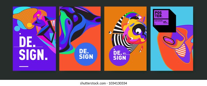 Abstract colorful collage poster design template. Cool geometric and fluid cover design. Blue, yellow, red, orange, pink and green. Vector banner poster template in Eps10.