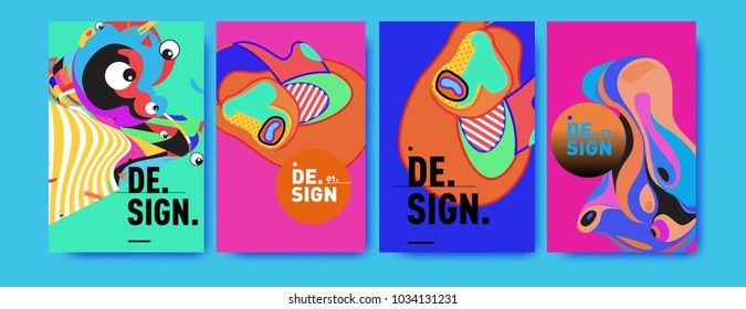 Abstract colorful collage poster design template. Cool geometric and fluid cover design. Blue, yellow, red, orange, pink and green. Vector banner poster template in Eps10.