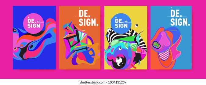 Abstract colorful collage poster design template. Cool geometric and fluid cover design. Blue, yellow, red, orange, pink and green. Vector banner poster template in Eps10.