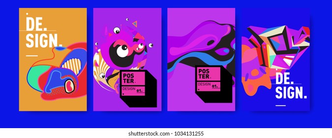 Abstract colorful collage poster design template. Cool geometric and fluid cover design. Blue, yellow, red, orange, pink and green. Vector banner poster template in Eps10.