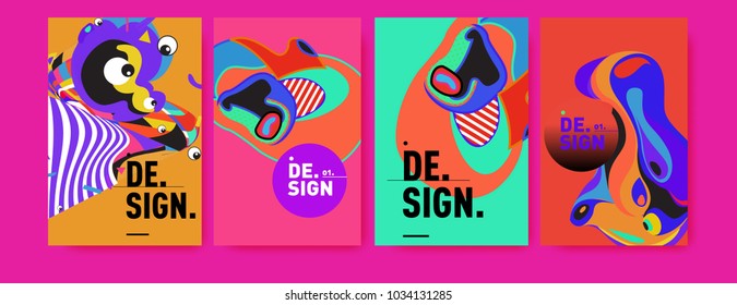 Abstract colorful collage poster design template. Cool geometric and fluid cover design. Blue, yellow, red, orange, pink and green. Vector banner poster template in Eps10.