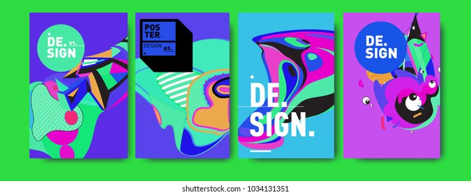 Abstract colorful collage poster design template. Cool geometric and fluid cover design. Blue, yellow, red, orange, pink and green. Vector banner poster template in Eps10.