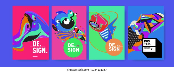Abstract colorful collage poster design template. Cool geometric and fluid cover design. Blue, yellow, red, orange, pink and green. Vector banner poster template in Eps10.