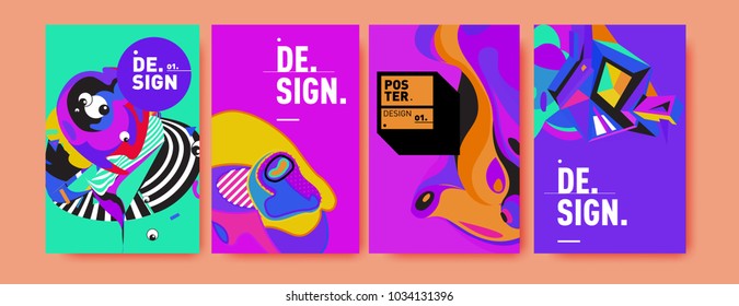 Abstract colorful collage poster design template. Cool geometric and fluid cover design. Blue, yellow, red, orange, pink and green. Vector banner poster template in Eps10.