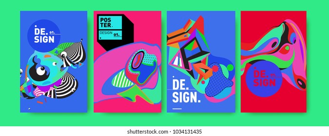 Abstract colorful collage poster design template. Cool geometric and fluid cover design. Blue, yellow, red, orange, pink and green. Vector banner poster template in Eps10.