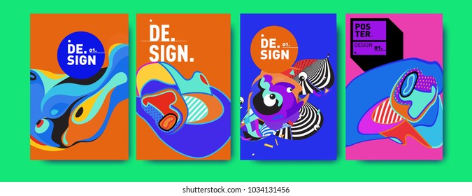 Abstract colorful collage poster design template. Cool geometric and fluid cover design. Blue, yellow, red, orange, pink and green. Vector banner poster template in Eps10.