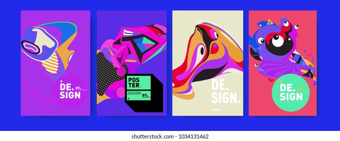 Abstract colorful collage poster design template. Cool geometric and fluid cover design. Blue, yellow, red, orange, pink and green. Vector banner poster template in Eps10.