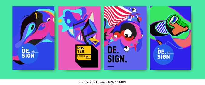 Abstract colorful collage poster design template. Cool geometric and fluid cover design. Blue, yellow, red, orange, pink and green. Vector banner poster template in Eps10.