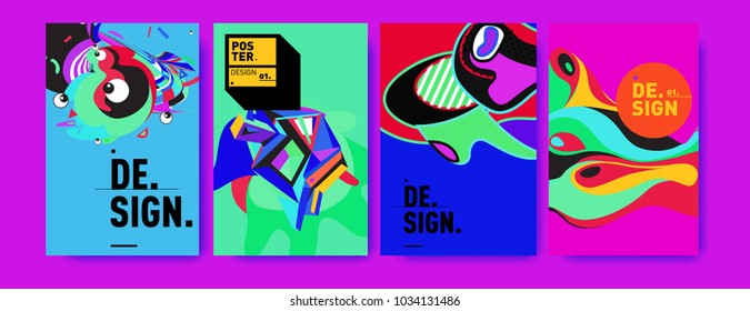 Abstract colorful collage poster design template. Cool geometric and fluid cover design. Blue, yellow, red, orange, pink and green. Vector banner poster template in Eps10.