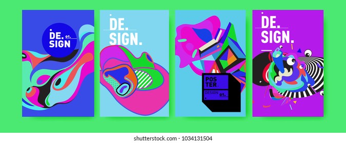Abstract colorful collage poster design template. Cool geometric and fluid cover design. Blue, yellow, red, orange, pink and green. Vector banner poster template in Eps10.