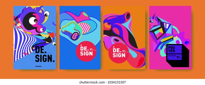 Abstract colorful collage poster design template. Cool geometric and fluid cover design. Blue, yellow, red, orange, pink and green. Vector banner poster template in Eps10.
