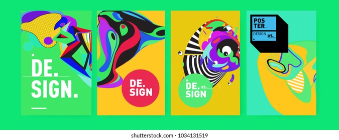 Abstract colorful collage poster design template. Cool geometric and fluid cover design. Blue, yellow, red, orange, pink and green. Vector banner poster template in Eps10.