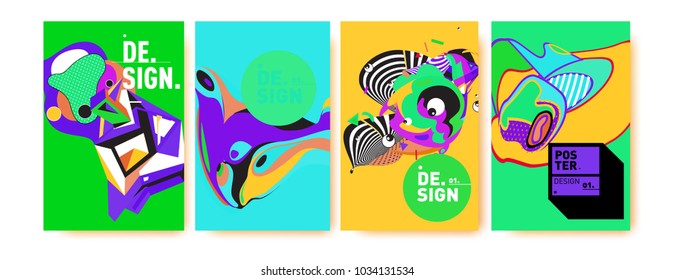 Abstract colorful collage poster design template. Cool geometric and fluid cover design. Blue, yellow, red, orange, pink and green. Vector banner poster template in Eps10.