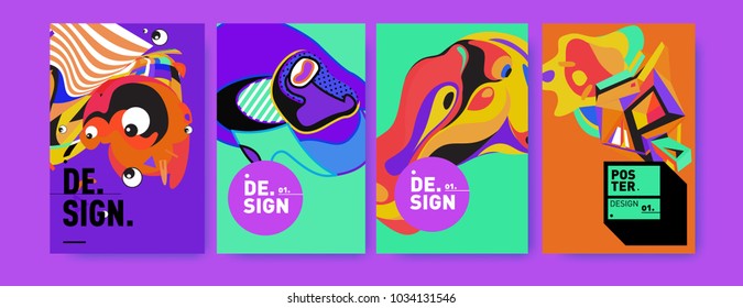 Abstract colorful collage poster design template. Cool geometric and fluid cover design. Blue, yellow, red, orange, pink and green. Vector banner poster template in Eps10.
