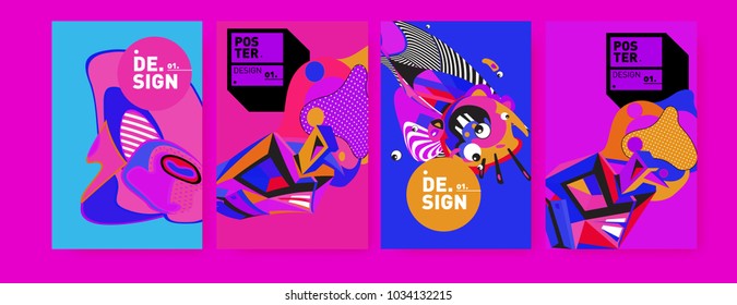 Abstract colorful collage poster design template. Cool geometric and fluid cover design. Blue, yellow, red, orange, pink and green. Vector banner poster template in Eps10.