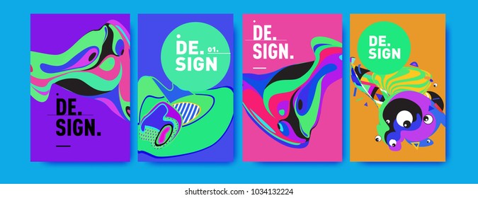 Abstract colorful collage poster design template. Cool geometric and fluid cover design. Blue, yellow, red, orange, pink and green. Vector banner poster template in Eps10.