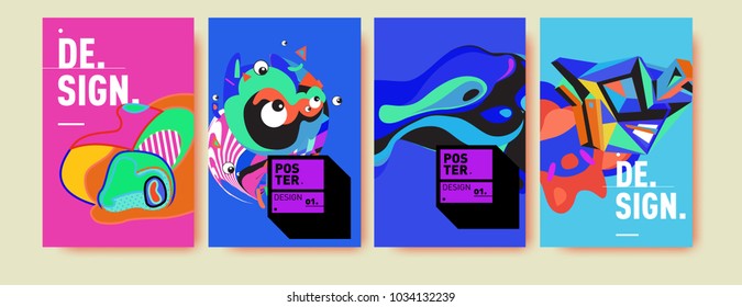 Abstract colorful collage poster design template. Cool geometric and fluid cover design. Blue, yellow, red, orange, pink and green. Vector banner poster template in Eps10.