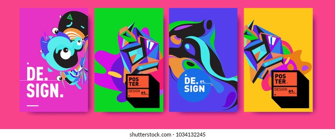 Abstract colorful collage poster design template. Cool geometric and fluid cover design. Blue, yellow, red, orange, pink and green. Vector banner poster template in Eps10.