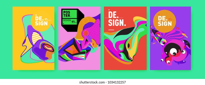 Abstract colorful collage poster design template. Cool geometric and fluid cover design. Blue, yellow, red, orange, pink and green. Vector banner poster template in Eps10.