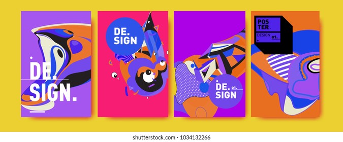 Abstract colorful collage poster design template. Cool geometric and fluid cover design. Blue, yellow, red, orange, pink and green. Vector banner poster template in Eps10.