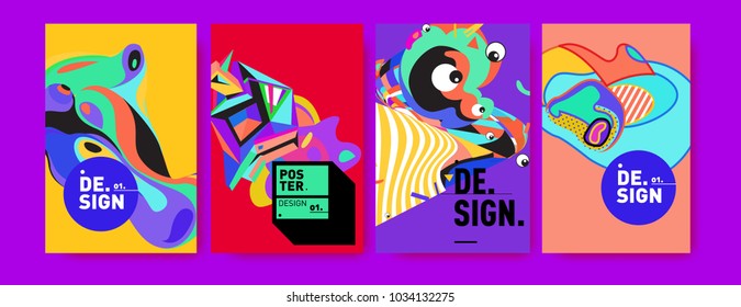 Abstract colorful collage poster design template. Cool geometric and fluid cover design. Blue, yellow, red, orange, pink and green. Vector banner poster template in Eps10.