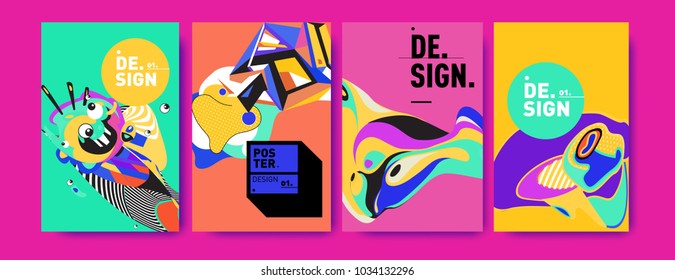 Abstract colorful collage poster design template. Cool geometric and fluid cover design. Blue, yellow, red, orange, pink and green. Vector banner poster template in Eps10.