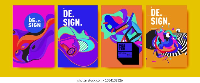 Abstract colorful collage poster design template. Cool geometric and fluid cover design. Blue, yellow, red, orange, pink and green. Vector banner poster template in Eps10.