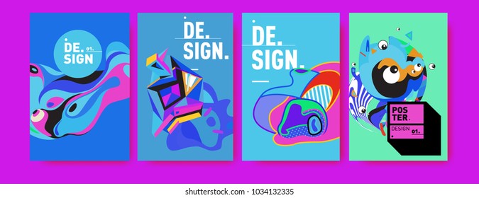 Abstract colorful collage poster design template. Cool geometric and fluid cover design. Blue, yellow, red, orange, pink and green. Vector banner poster template in Eps10.