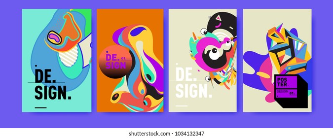 Abstract colorful collage poster design template. Cool geometric and fluid cover design. Blue, yellow, red, orange, pink and green. Vector banner poster template in Eps10.