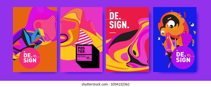 Abstract colorful collage poster design template. Cool geometric and fluid cover design. Blue, yellow, red, orange, pink and green. Vector banner poster template in Eps10.