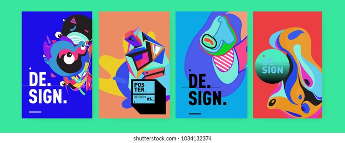 Abstract colorful collage poster design template. Cool geometric and fluid cover design. Blue, yellow, red, orange, pink and green. Vector banner poster template in Eps10.