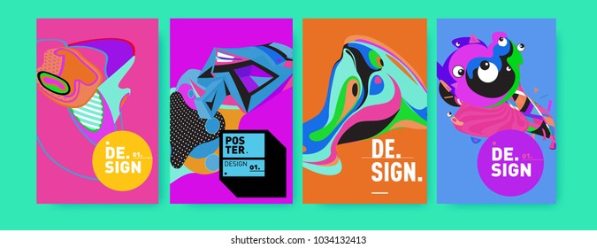 Abstract colorful collage poster design template. Cool geometric and fluid cover design. Blue, yellow, red, orange, pink and green. Vector banner poster template in Eps10.