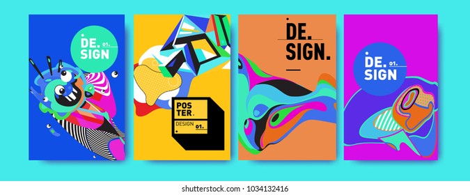 Abstract colorful collage poster design template. Cool geometric and fluid cover design. Blue, yellow, red, orange, pink and green. Vector banner poster template in Eps10.