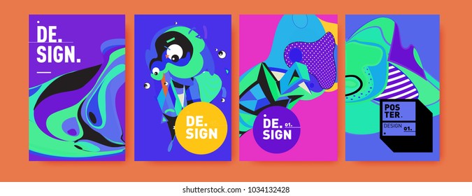 Abstract colorful collage poster design template. Cool geometric and fluid cover design. Blue, yellow, red, orange, pink and green. Vector banner poster template in Eps10.