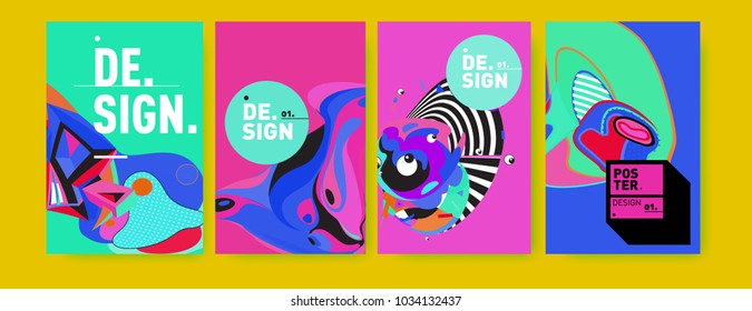 Abstract colorful collage poster design template. Cool geometric and fluid cover design. Blue, yellow, red, orange, pink and green. Vector banner poster template in Eps10.