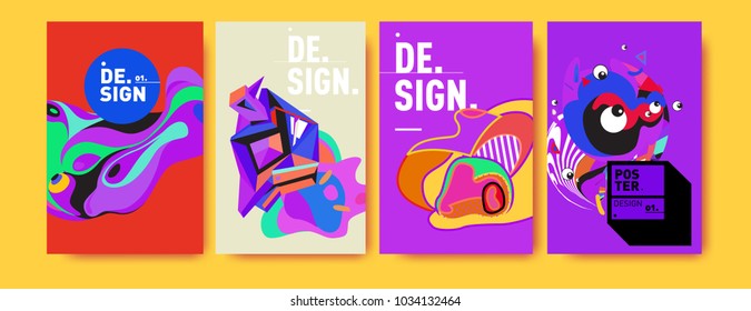 Abstract colorful collage poster design template. Cool geometric and fluid cover design. Blue, yellow, red, orange, pink and green. Vector banner poster template in Eps10.