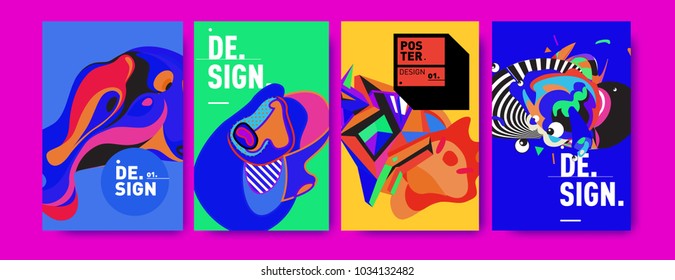 Abstract colorful collage poster design template. Cool geometric and fluid cover design. Blue, yellow, red, orange, pink and green. Vector banner poster template in Eps10.