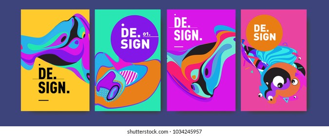 Abstract colorful collage poster design template. Cool geometric and fluid cover design. Blue, yellow, red, orange, pink and green. Vector banner poster template in Eps10.