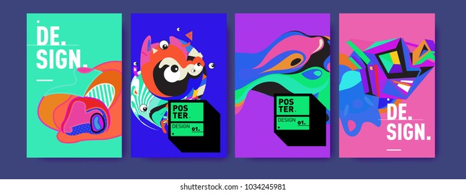 Abstract colorful collage poster design template. Cool geometric and fluid cover design. Blue, yellow, red, orange, pink and green. Vector banner poster template in Eps10.
