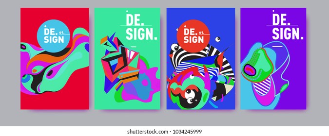 Abstract colorful collage poster design template. Cool geometric and fluid cover design. Blue, yellow, red, orange, pink and green. Vector banner poster template in Eps10.