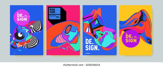 Abstract colorful collage poster design template. Cool geometric and fluid cover design. Blue, yellow, red, orange, pink and green. Vector banner poster template in Eps10.