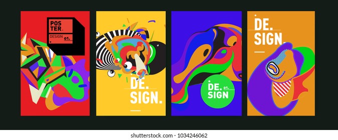 Abstract colorful collage poster design template. Cool geometric and fluid cover design. Blue, yellow, red, orange, pink and green. Vector banner poster template in Eps10.